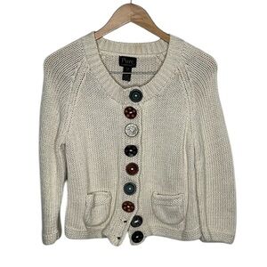Pure Handknit Cream Silver Chunky Cropped Button Sweater Women Size S/M
